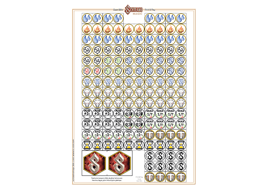 Planche de jetons pour les factions Nature et Schteamoss pour l'Open Bêta Print&Play Schteamomagic